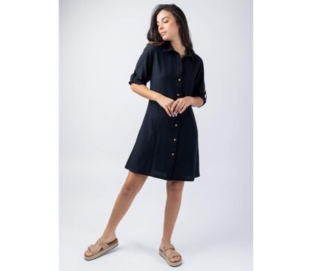 Robe chemise unie noire CLAUDINE coupe droite Coton Du Monde