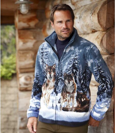 Men's Wolf Print Fleece Jacket - Full Zip