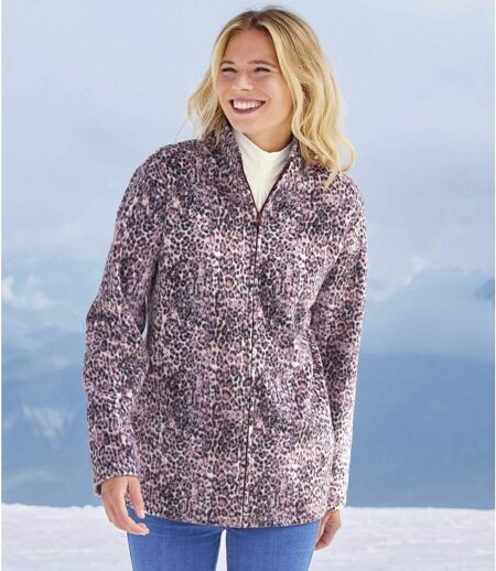 Women's Pink Leopard Print Fleece Jacket - Full Zip