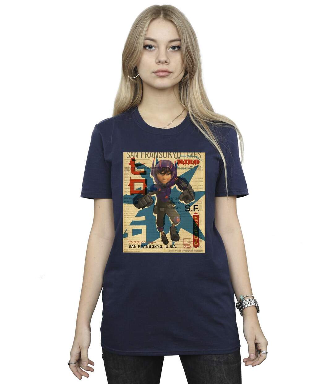 Disney Femme/Les femmes Big Hero 6 Baymax Hiro Newspaper Coton Boyfriend T-Shirt (Bleu marine) - UTBI15473-2