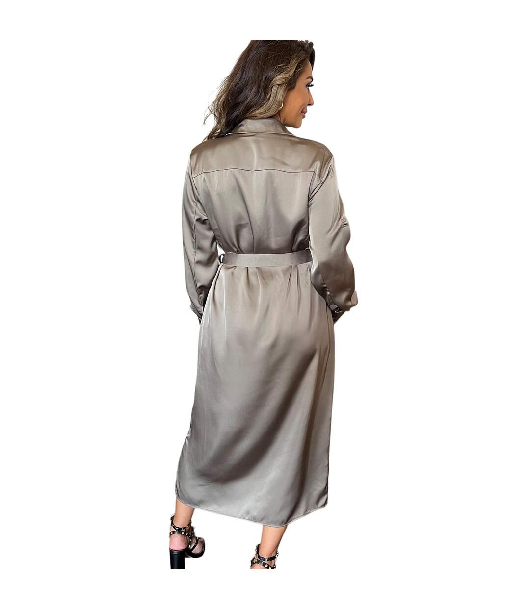Robe Chemisier Mi-longue Manches ¾ Femme Taupe AX Paris-3