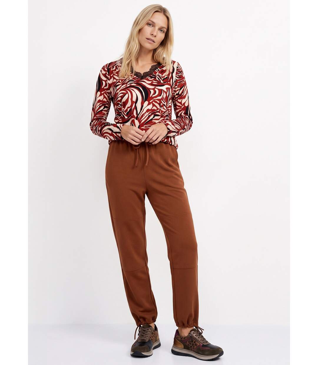 Pantalon large ceinture élastiquée maille crêpe unie-3