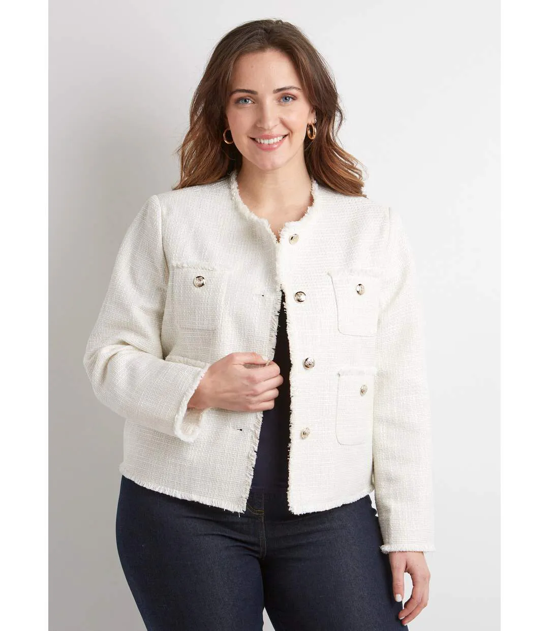 Veste sans col boutonnée courte tissu natté uni-1
