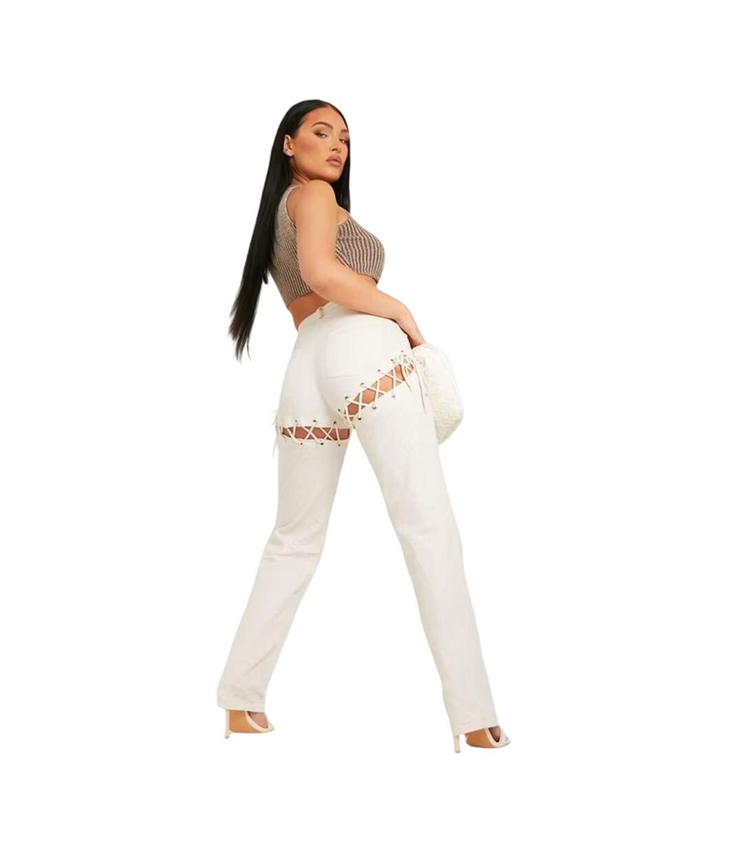 Womens/ladies Lace Up High Waist Trousers Sand Missy Empire-3