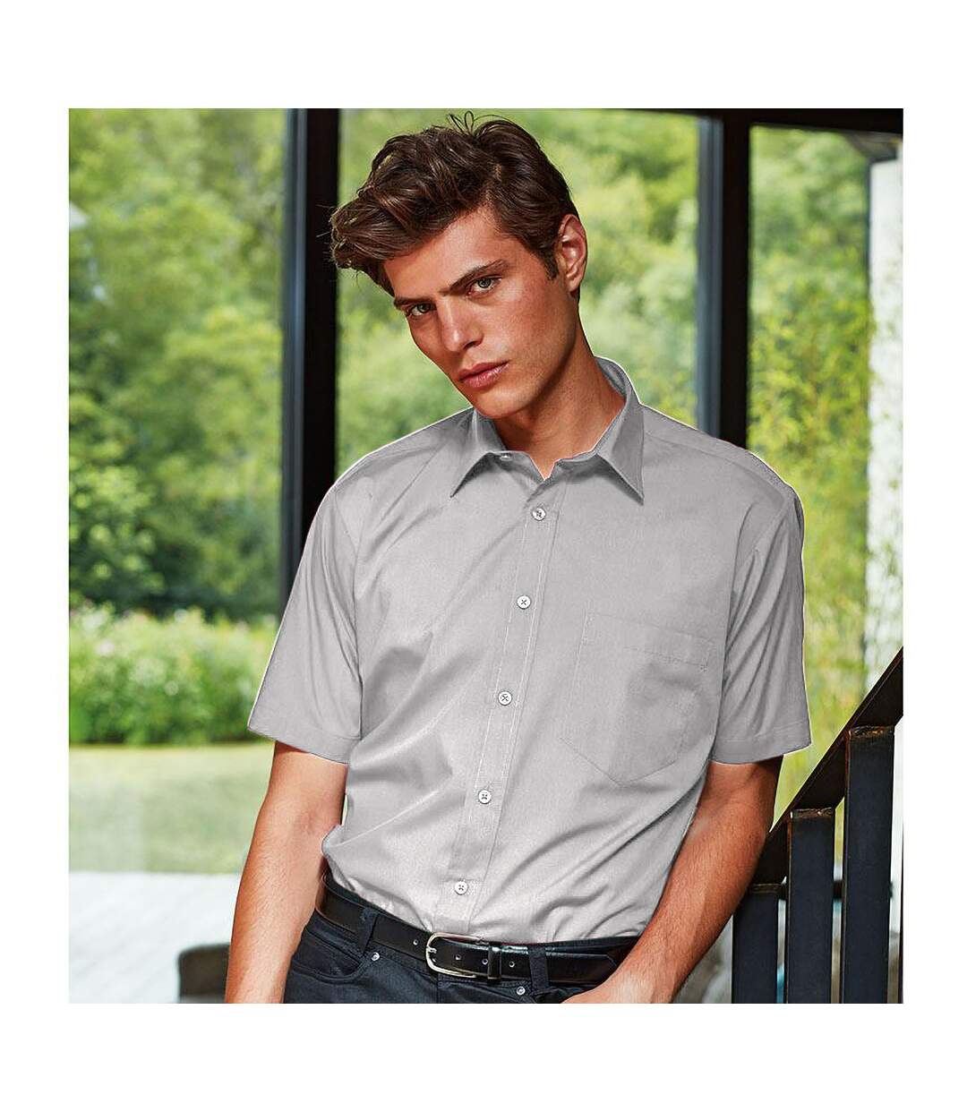 Mens short sleeve formal poplin plain work shirt silver Premier