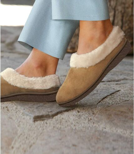 Women's Faux Fur-Lined Slippers - Beige