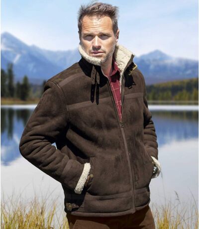 Men's Brown Sherpa-Lined Faux-Suede Jacket 