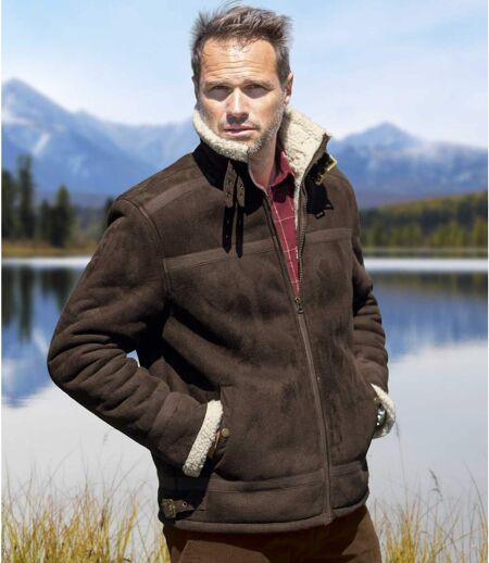 Men's Brown Sherpa-Lined Faux Suede Jacket 
