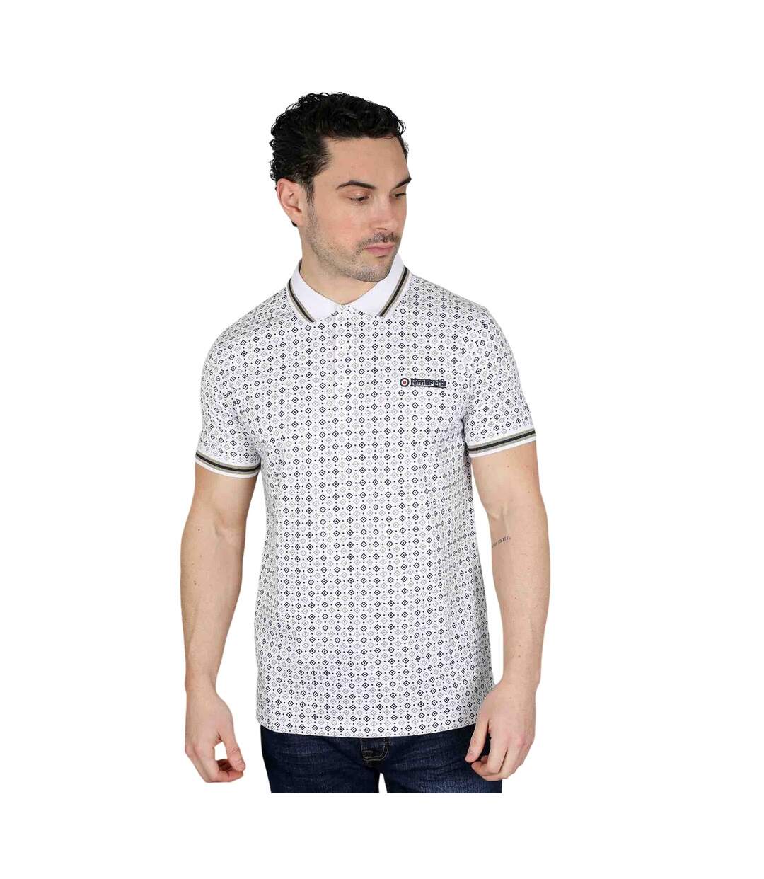 Mens Ss25 Geometric Polo Shirt White Navy Cashew Lambretta-4