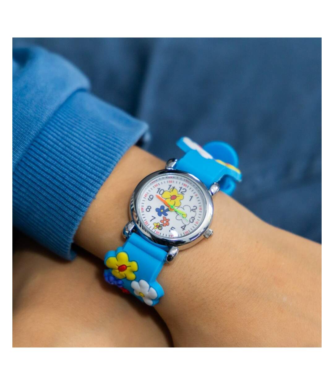 Montre Enfant Fille Silicone avec Fleur Bleu