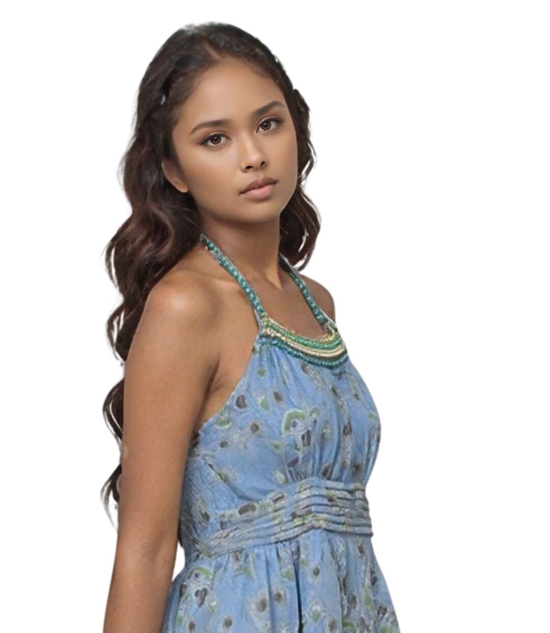 Robe longue femme sans manches imprimé floral bleu - Dos nu à  volants et perles - Style estival élégant-3