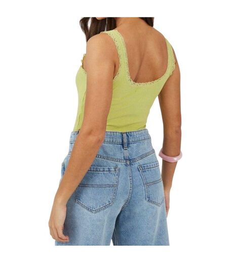 Womens/ladies Lace Trim Ribbed Bodysuit Lime Brave Soul