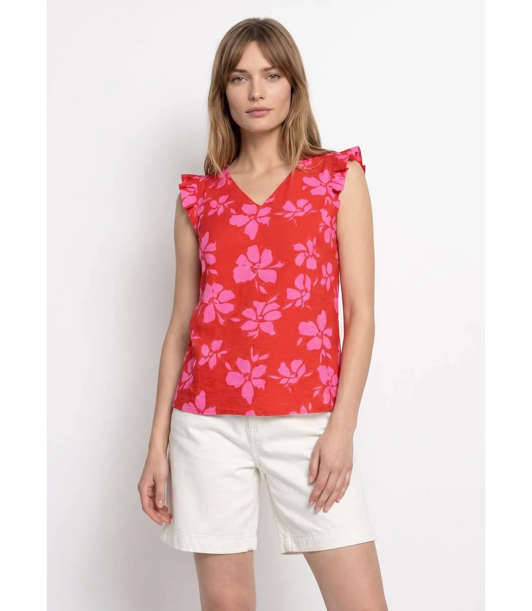 Blouse volantée col V, imprimé fleuri-1