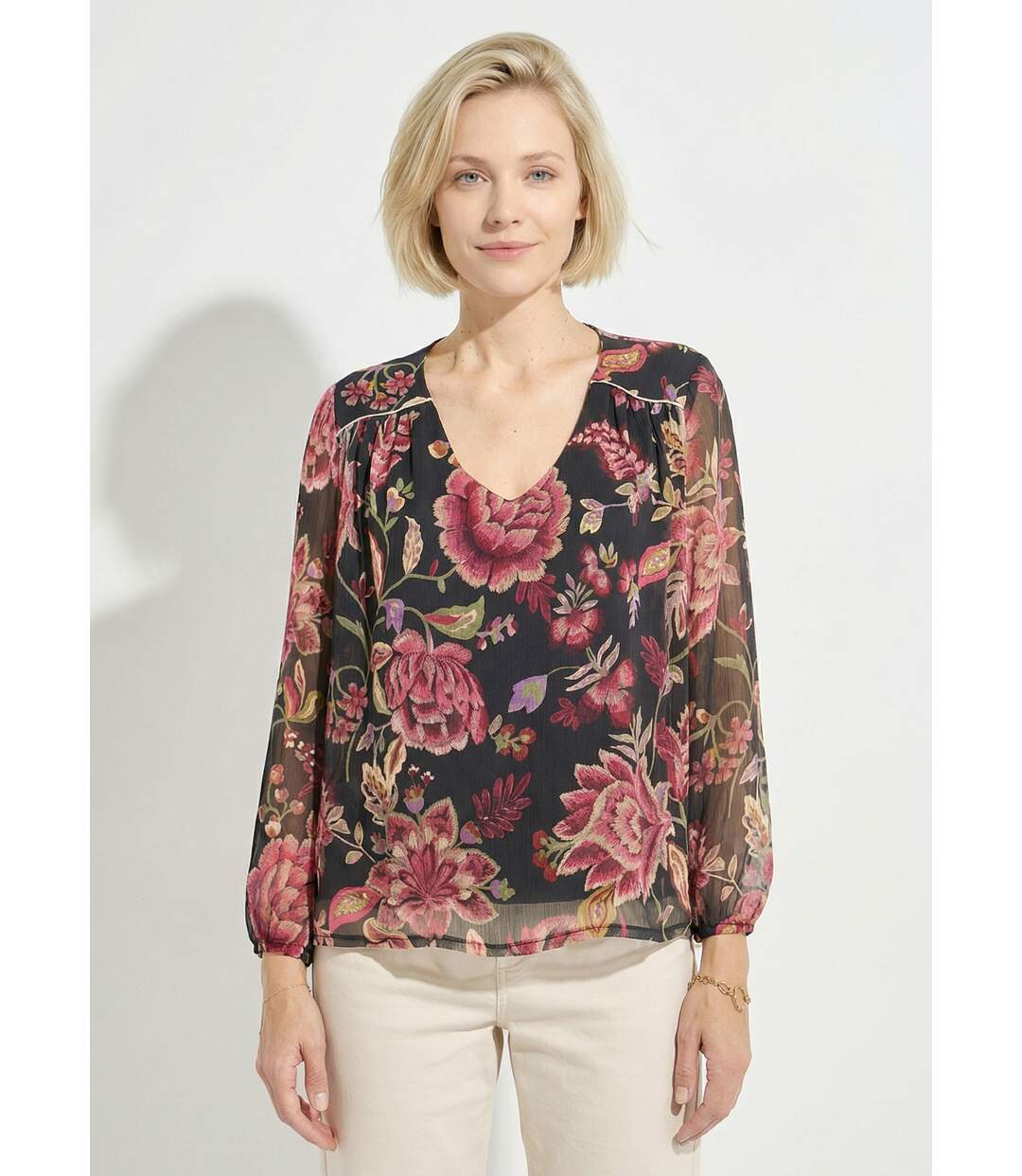 Blouse col V manches longues voile fleuri-1