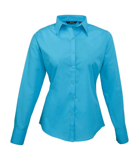 Womens/ladies Poplin Long-sleeved Blouse Turquoise Premier