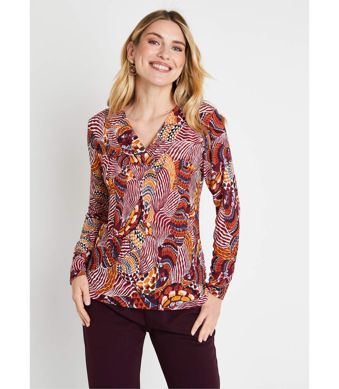 T-shirt court col croisé imprimé patchwork-1