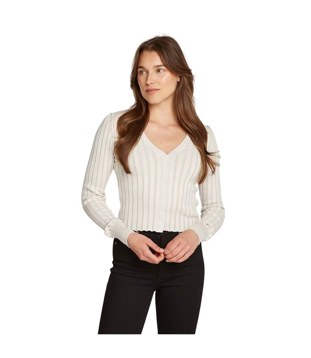 Womens/ladies Ribbed V Neck Regular Cardigan Ivory Pelican Calvin Klein-2