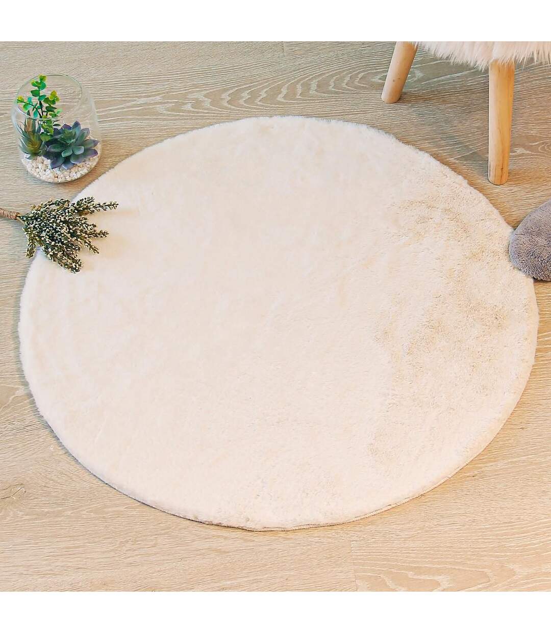 Tapis Rond Imitation Fourrure Doucea 80cm Ivoire-3
