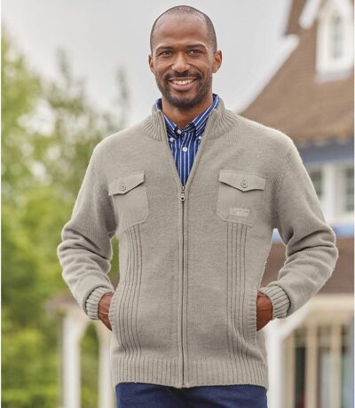 Men's Beige Zip-Up Knitted Jacket
