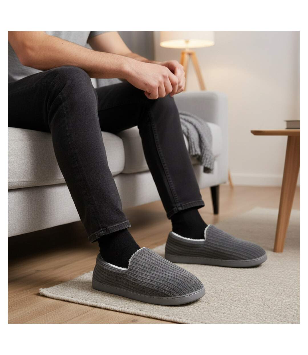 OZABI Chaussons Homme Fourrés, Côtelés ou Effet Fourrure, Semelle Antidérapante-2