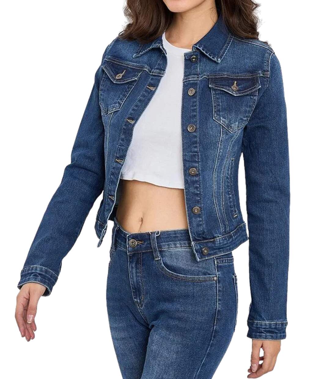 Veste en jean femme manches longues - Blouson court à  poches - Style décontracté couleur stone used-3