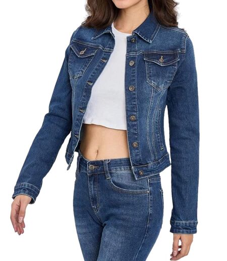 Veste en jean femme manches longues - Blouson court à  poches - Style décontracté couleur stone used