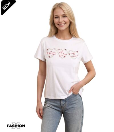 T-shirt Femmes élégance Coeur à Manches Courtes - Couleur blanc