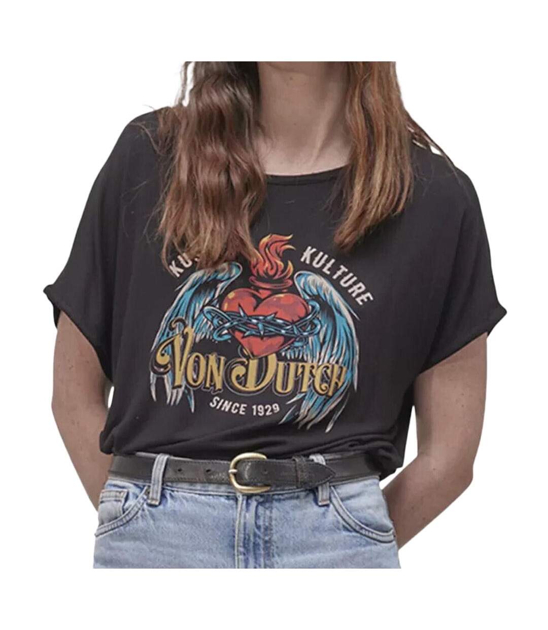 T-shirt Noir Femme Von Dutch Coeur de Feu - M