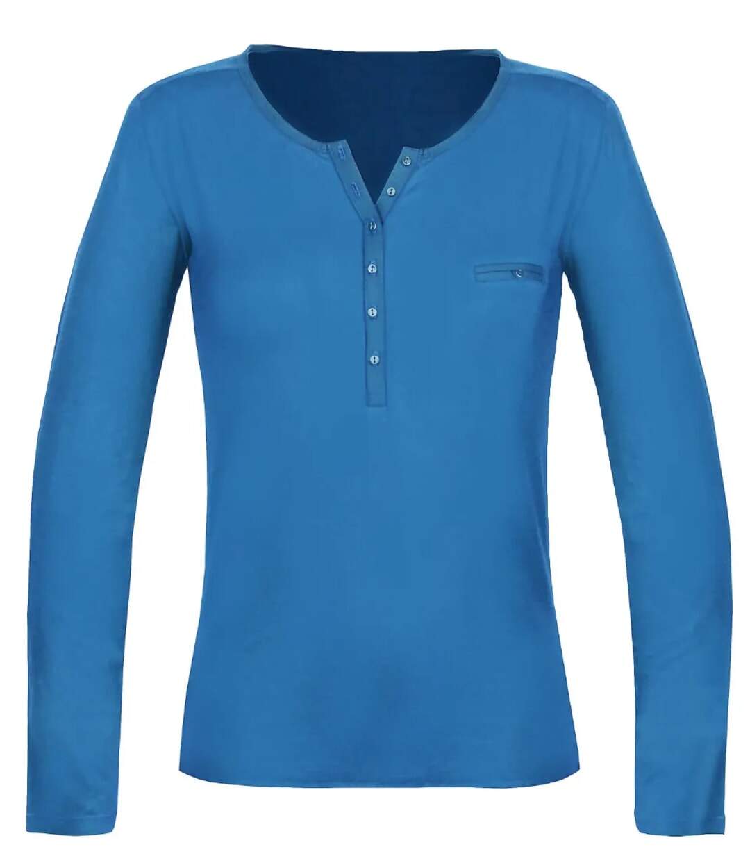 MAYFLOWER NOVICE2 – Tee-shirt manches longues bleu col tunisien satin pour un style chic et fluide-5