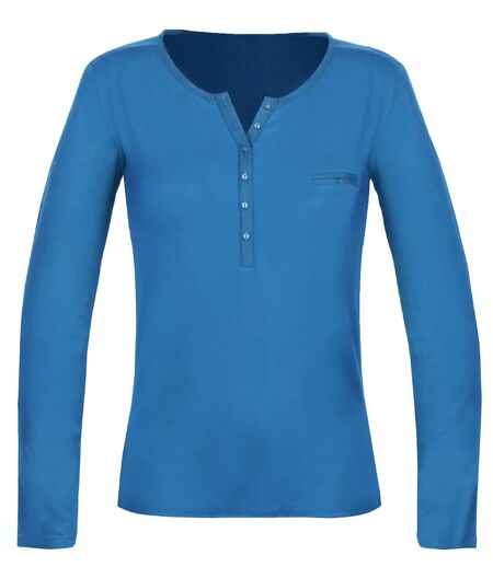 MAYFLOWER NOVICE2 – Tee-shirt manches longues bleu col tunisien satin pour un style chic et fluide