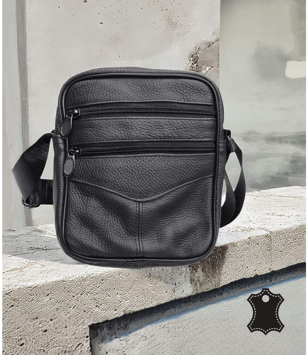 Sacoche bandoulière pour homme multi poches - CUIR vachette - Couleur noir-3