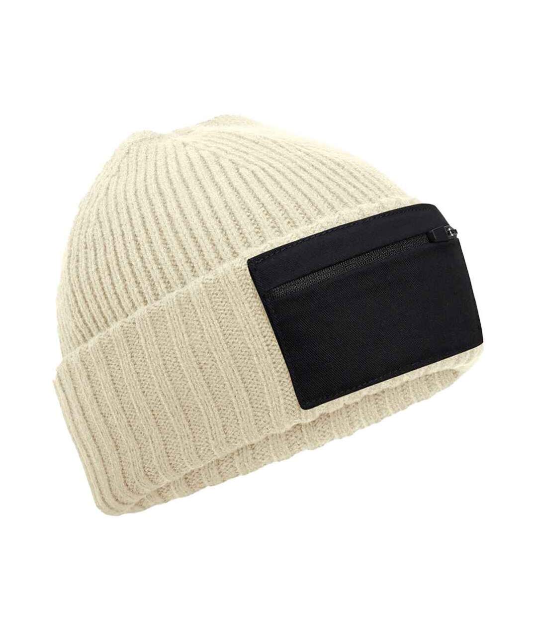 Unisex adult zip patch beanie sand/black Beechfield-1