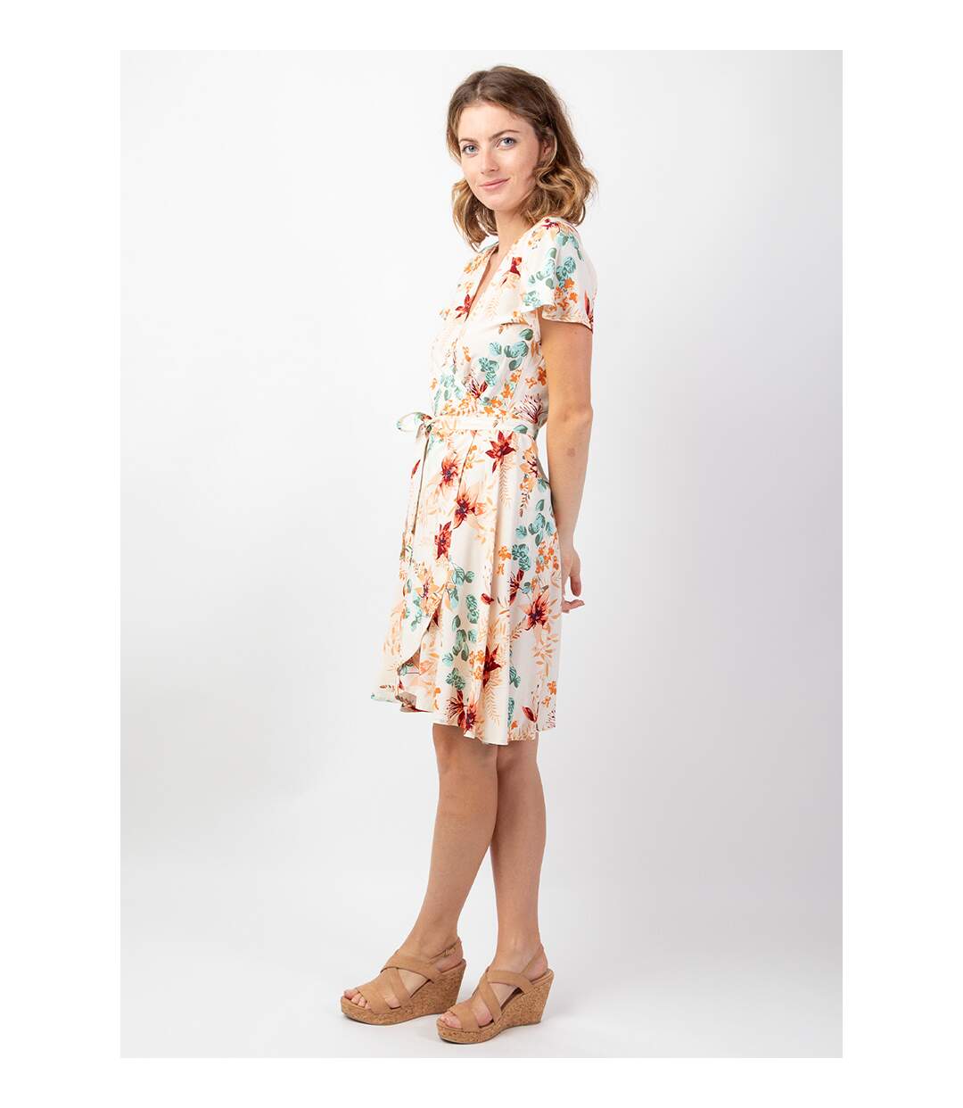 Robe courte fluide cache-cœur MARIKA  motif fleuri romantique Coton Du Monde-3