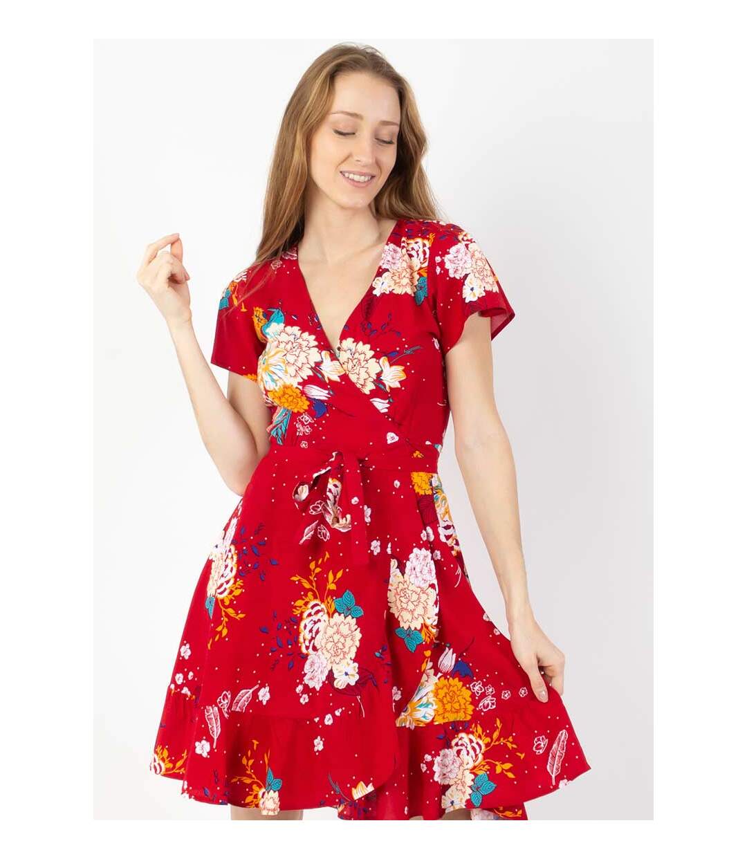 Robe courte MARIKA fluide cache-cœur fleurie rouge Coton Du Monde