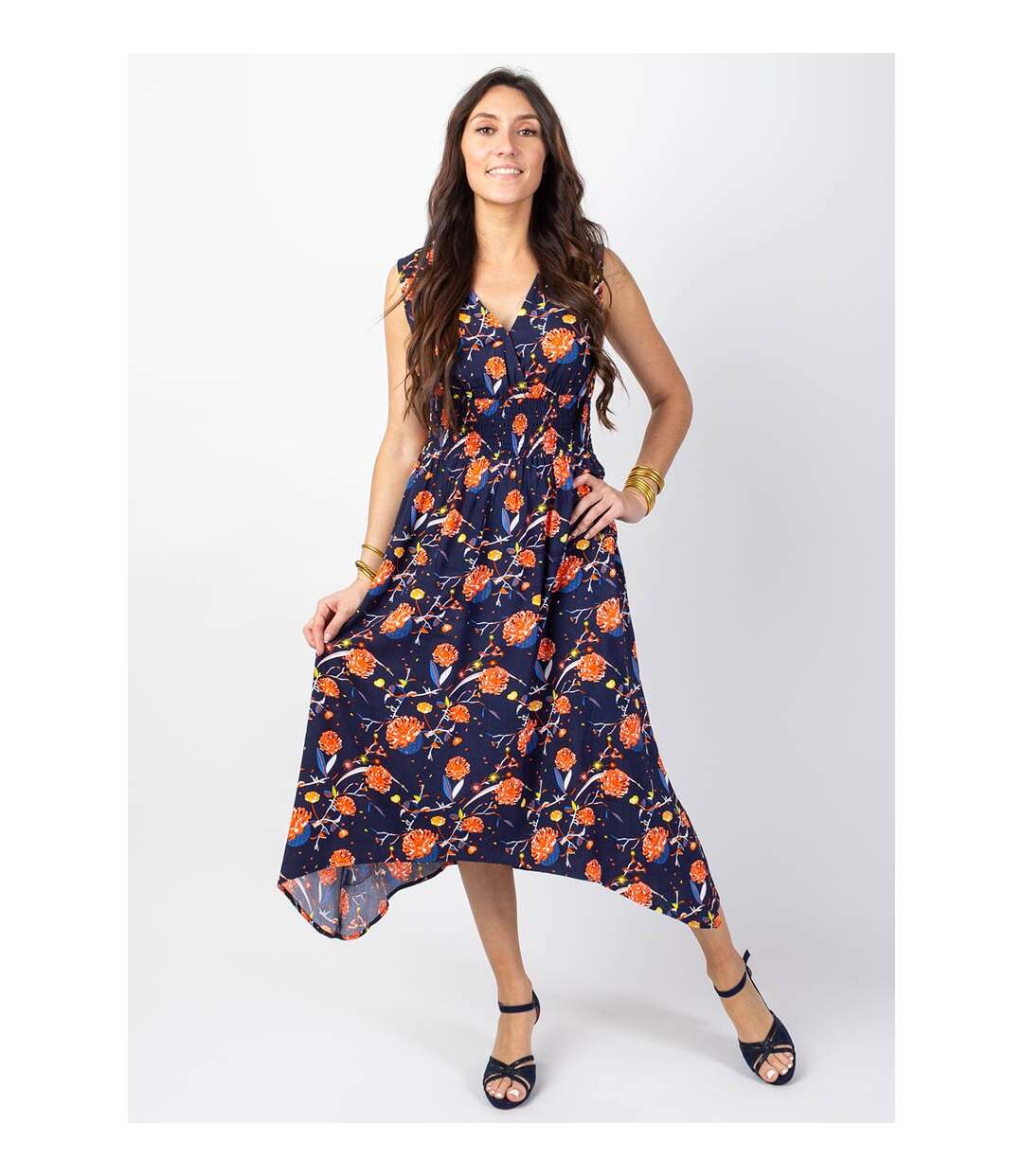 Robe longue asymétrique AMELIA motif fleurs Coton Du Monde