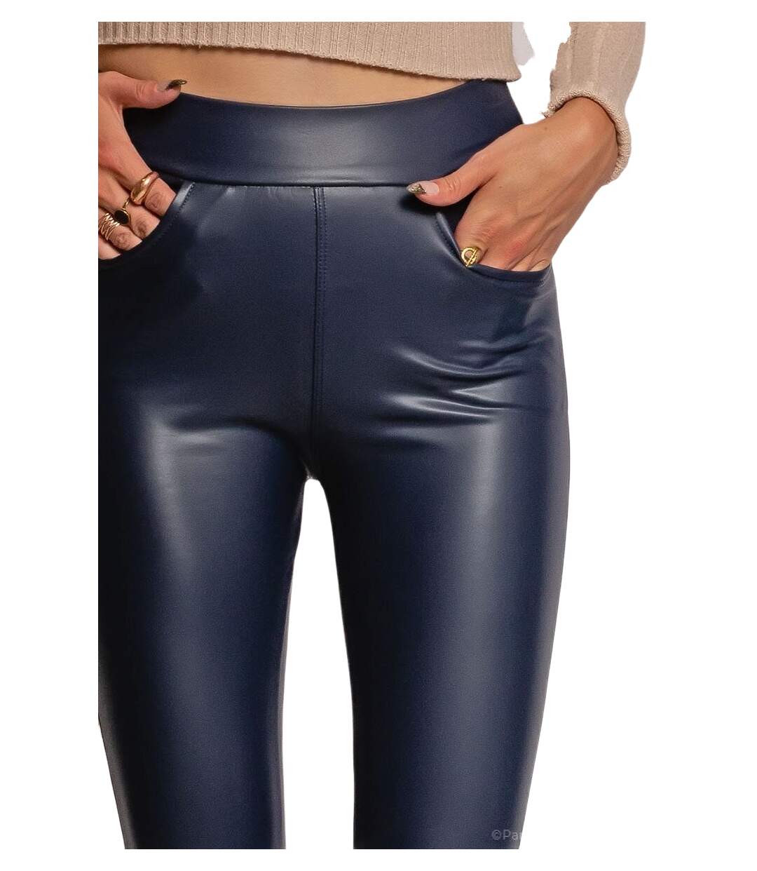 Legging femme avec poches - Couleur bleu - Simili cuir - Taille haute-3