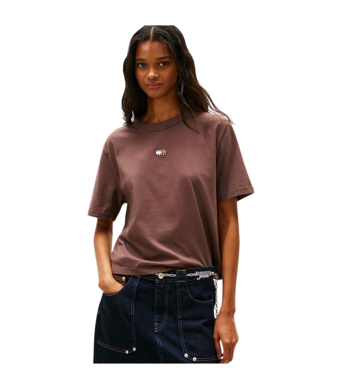 Womens/ladies Embroidered Logo Cotton Cropped T-shirt Black Walnut Tommy Jeans-4