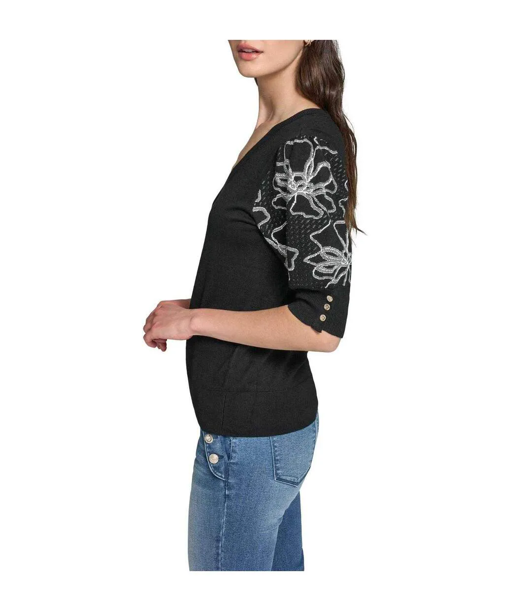Womens/ladies Knitted Puff Sleeve Top Black Karl Lagerfeld-4