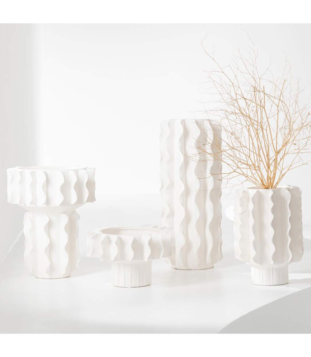 Vase Cylindrique en Céramique Helix 44cm Blanc-3
