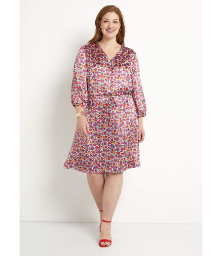 Robe courte évasée satin fleuri col V boutonné