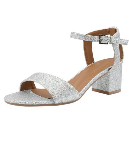 Womens/ladies Glitter Low Block Heel Sandals Silver Shiny Where's That From