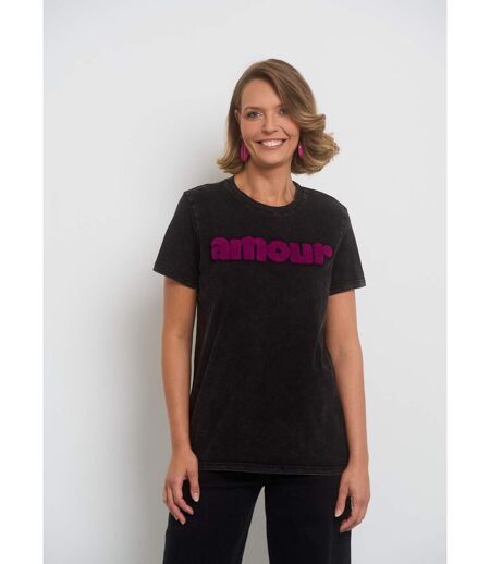 T-shirt col rond à message et effet used