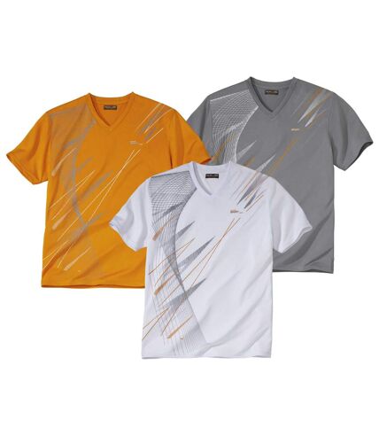Pack of 3 Men's Print V-Neck Sports T-Shirts - White Grey Orange