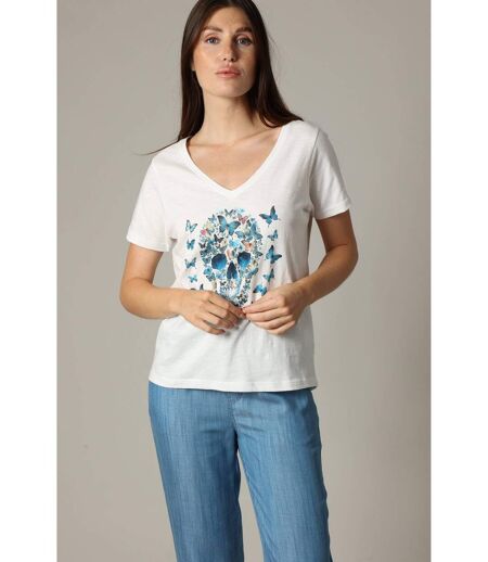 T-shirt femme 100% coton à manches courtes et col V avec motif imprimé glitter BUTTERSKULL