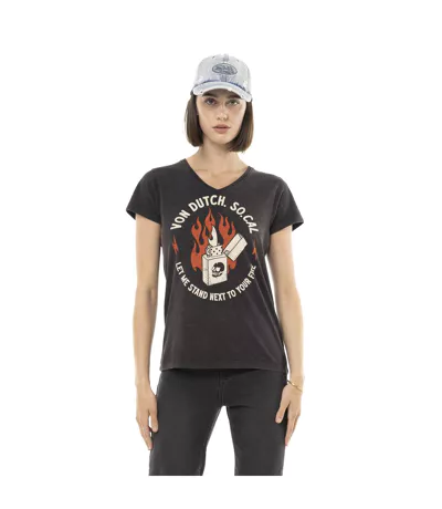 T-shirt femme uni col V avec print devant Fire Vondutch