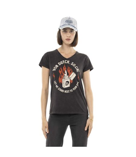 T-shirt femme uni col V avec print devant Fire Vondutch