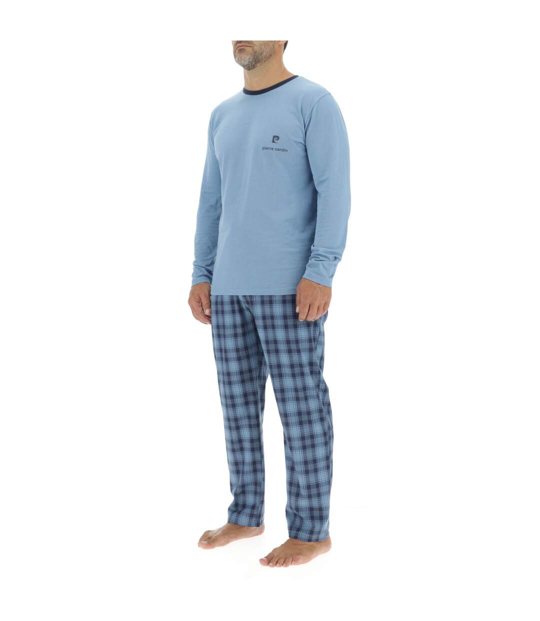 Ensemble Pyjama long homme en popeline à carreaux et Logo poitrine Pierre Cardin-3