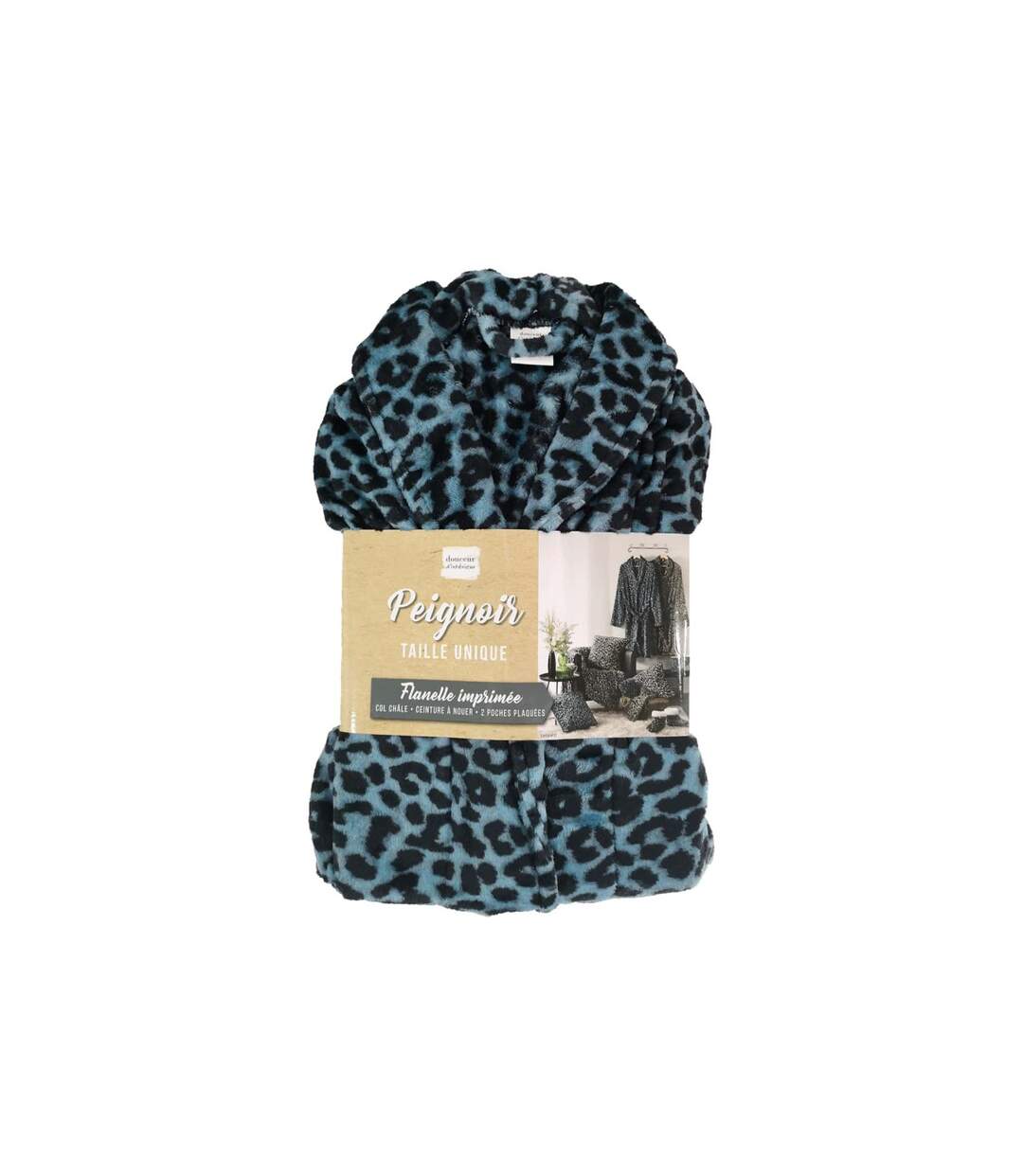 Peignoir Flanelle Imprimé Léopard Bleu-3