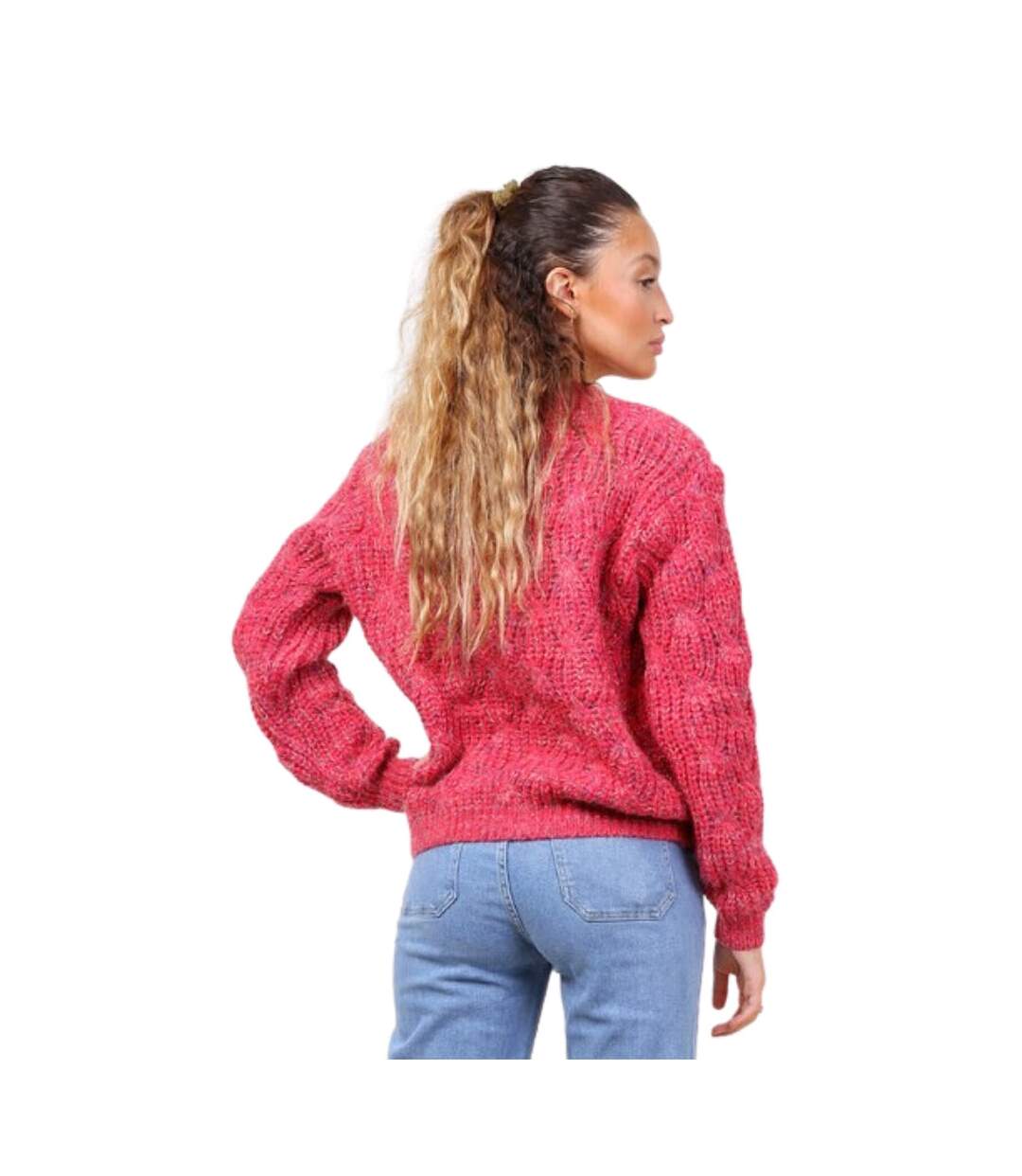 Pull femme col ras du cou manches longues - Couleur fuschia