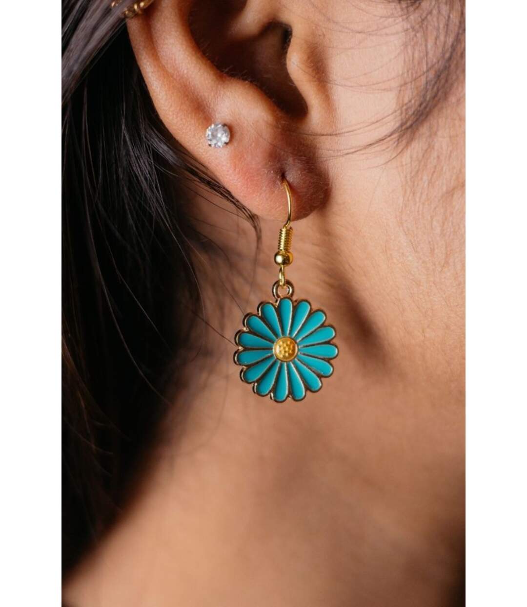 White Blue Sunflower Charm Summer Floral Drop Dainty French Hook Earrings-1